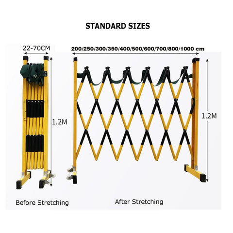 Adjustable Telescopic Safety Barrier With Slick Glide Casters, Grab And Go Pop Up Crowd Control Fence for various size setups, shown before and after stretching.