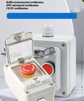 Emergency Stop Button Box With IP67 Waterproof Enclosure Durable ABS Case E Stop Switch shown open and closed