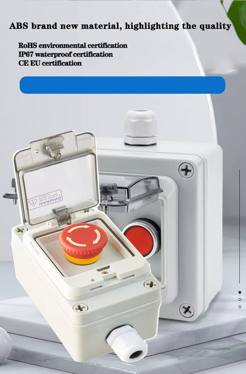 Emergency Stop Button Box With IP67 Waterproof Enclosure Durable ABS Case E Stop Switch shown open and closed