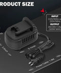 Real Deal AC To DC Voltage Converter For Milwaukee M18 Power Tools dimensions showing 2.9x3.5x5.1 inches with 1.8M power cable.