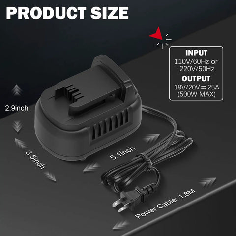 Real Deal AC To DC Voltage Converter For Milwaukee M18 Power Tools dimensions showing 2.9x3.5x5.1 inches with 1.8M power cable.