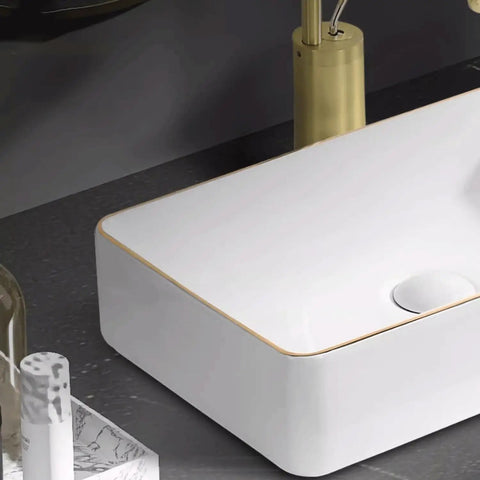 USZWBY Vessel Sinks Phnom Penh Small Size Above Counter Basin Round Square Wash Household Single Ceramic Bathroom Bowl Sink with gold trim
