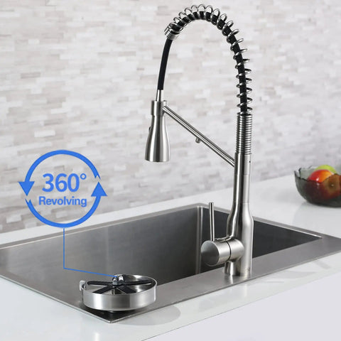 Stainless Steel Glass Rinser With 360 Degree Rotating Spray For Kitchen Sink, Eight Water Outlets, Brushed Finish next to faucet.