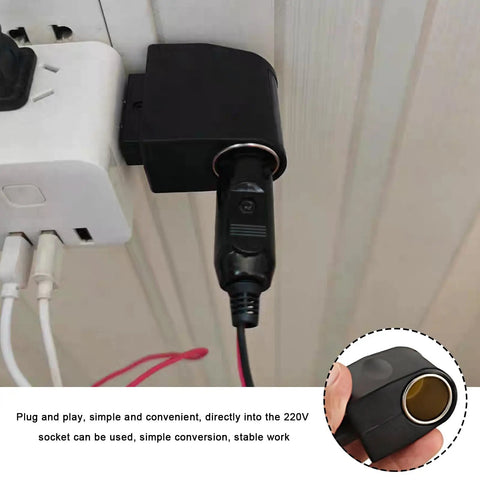 Knockout AC To DC Converter Turns 220V House Juice Into Smooth 12V Car Power With Zero Sweat Plug And Play Cigarette Lighter Adapter showing a compact design plugged into a socket.