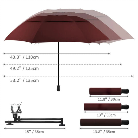 Portable Patio Umbrella With Solid Clamp Mount For Beach Chairs And Golf Carts, No Fuss Manual Open Close, Heavy Duty Sunshade Delivers Top Shelf UV Block And Swift 360 Swivel Base For Laidback Outdoor Chill Days (43 Inch Wine) with dimensions on display.