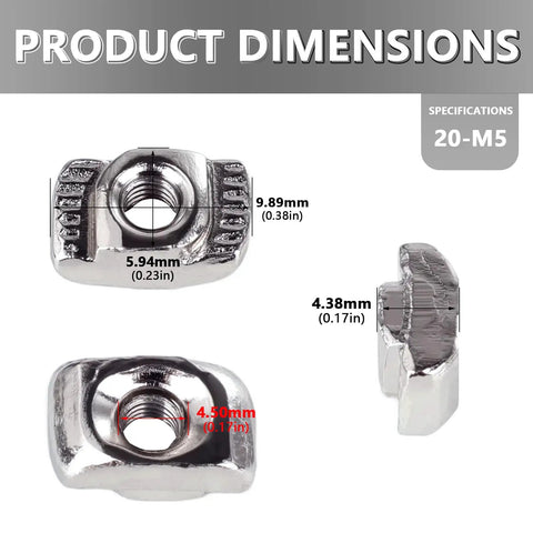 Tough As Nails Hammer Head T Slot Nuts For 2020 Aluminum Extrusion Frames M5 Drop In Fasteners dimensions with measurements.