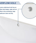 Overflow hole detail of Undermount White Rectangular Ceramic Bathroom Sink With Overflow, Durable Glazed Finish for easy cleanup.