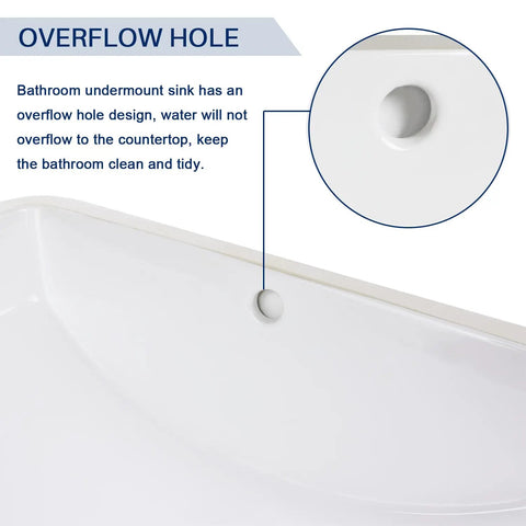 Overflow hole detail of Undermount White Rectangular Ceramic Bathroom Sink With Overflow, Durable Glazed Finish for easy cleanup.
