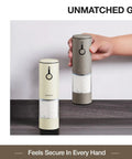 Rechargeable Electric Salt And Pepper Grinder Set With USB Charging For One Hand Use, shown in use and on table