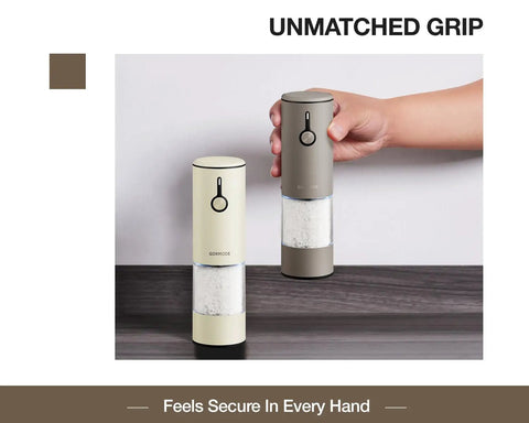 Rechargeable Electric Salt And Pepper Grinder Set With USB Charging For One Hand Use, shown in use and on table