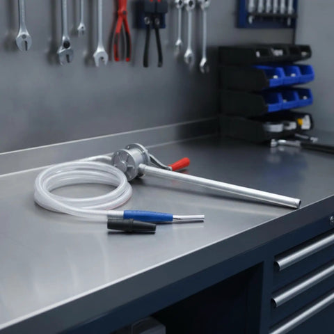 Super Handy Gralaria Manual Oil Transfer Pump For Mechanics And Garage Pros With 2M Hose Plus 32Cm Inlet Pipe on workbench.
