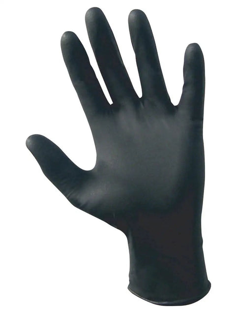 Kickass Super Heavy Duty Black Nitrile Examination Gloves Xl Size Powder Free shown on hand for mechanics and plumbing use.