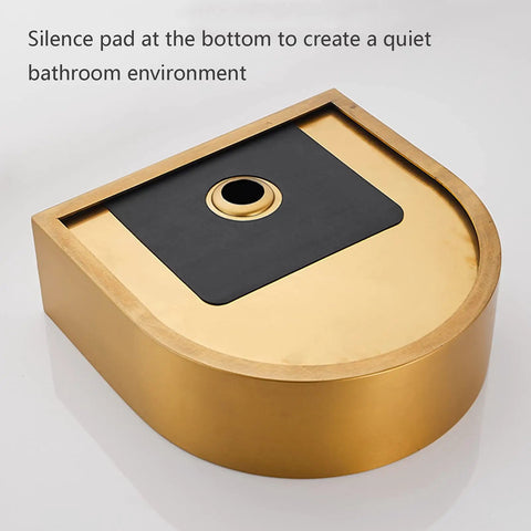 Top Shelf Stainless Steel Gold Vessel Sink, Semi Circular Above Counter Basin With Push Type Drain, sleek bottom view showcasing silence pad for quiet use.