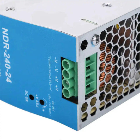 Din Rail Switching Power Supply For PLC Drives And Electric Cabinets, NDR-240-24, 24V Output, 100-240VAC Input, rugged metal module with terminal block