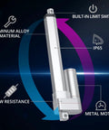 Side view of Justech 12V heavy-duty linear actuator with aluminum alloy body, IP65 rating, built-in limit switch