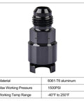 6AN Male to 3/8 Inch Quick Disconnect Female EFI Fuel Rail Fitting Aluminum 6061-T6 shown in black finish, side view
