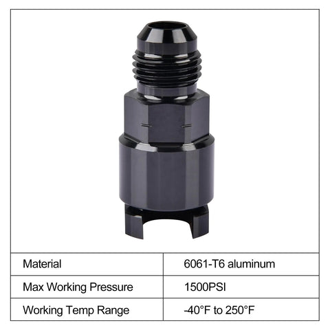6AN Male to 3/8 Inch Quick Disconnect Female EFI Fuel Rail Fitting Aluminum 6061-T6 shown in black finish, side view