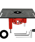 Built Tough For Heavy Shop Work This Router Table Insert Plate with red lift system and adjustment tools for precise height control.