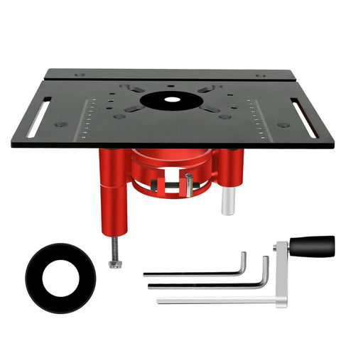 Built Tough For Heavy Shop Work This Router Table Insert Plate with red lift system and adjustment tools for precise height control.