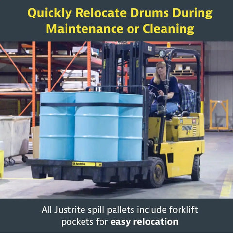 Heavy Duty 4 Drum Spill Containment Pallet With Drain And 9 Inch Tall Design, 75 Gallon Capacity For 55 Gallon Drums, Rugged Polyethylene Construction, Keeps Hazardous Liquids Off Floors, Made In USA, Bright Yellow
