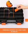 Double Side Tools Organizer With Removable Dividers, 34-Compartment Hardware Storage Box, showcasing dividers and 65mm sections