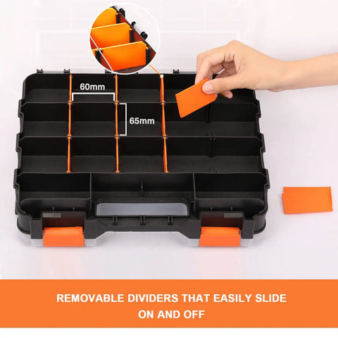 Double Side Tools Organizer With Removable Dividers, 34-Compartment Hardware Storage Box, showcasing dividers and 65mm sections