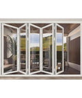 Five Panel Aluminum Folding Glass Door In White With Low E Tempered Glass And Heavy Duty Rollers in open position.