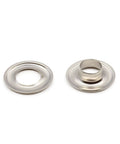 Two nickel finish grommets from the Three Eighths Inch Grommets With Setting Tool Kit, Nickel Finish, 72 Sets, shown disassembled.