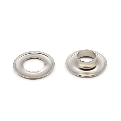 Two nickel finish grommets from the Three Eighths Inch Grommets With Setting Tool Kit, Nickel Finish, 72 Sets, shown disassembled.