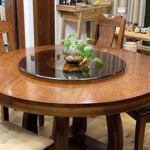Dope Tempered Glass Lazy Susan Rotating Turntable on dining table with plant centerpiece, 60–110 cm diameter, 360-degree serving.