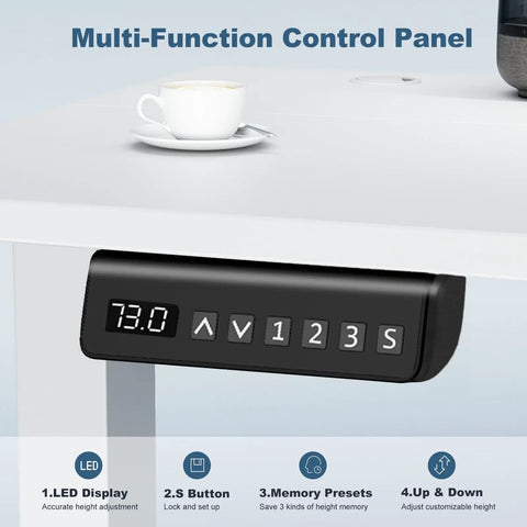 Control panel of 40 Inch Electric Standing Desk With Memory Presets, featuring LED display, white surface with cup.