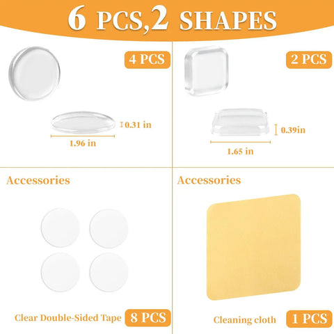 Clear Rubber Door Stopper Set With Self Adhesive Bumpers For Walls And Cabinets, showing two shapes and included accessories.
