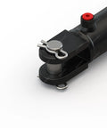 Rugged Heavy Duty Double Acting Hydraulic Cylinder With Welded Clevis, 3 Inch Bore, 4 Inch Stroke, Inline Ports, Parallel To Pin, SAE 8 Port, 3000 PSI Working Pressure, 1.5 Inch Shaft, 21206 Lb Load Capacity, Model CW3004 black steel clevis end