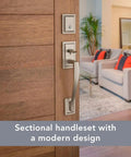 Front Entry Handleset With Interior Lever And SmartKey Rekey Technology, Microban Protection, Satin Nickel Finish shown on wooden door