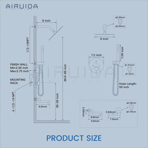 Matte Black Shower System dimensions with 8 inch rain head, faucet, and spout, showing installation and rough-in valve measurements.