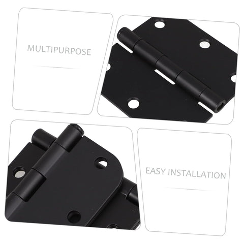 Front view of 2 black rounded-corner iron door hinges for cabinets or outdoor gates.