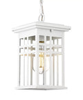 Porch Sidekick Outdoor Pendant Light with clear glass shade, white finish, shown hanging, ideal for porches and gazebos, UL listed.