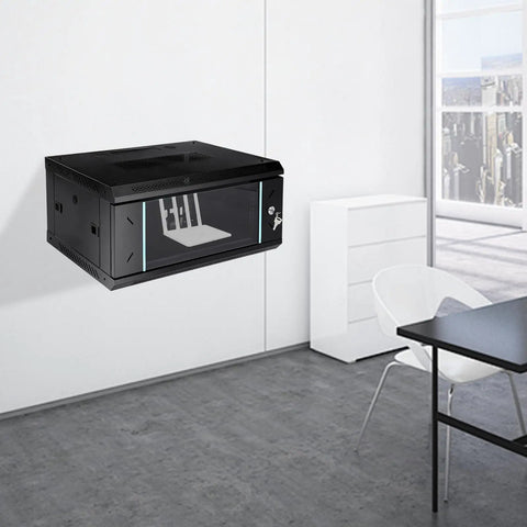 Heavy Duty 4U Wall Mount Server Rack Cabinet Built Tough For Network Switches And IT Gear, black with glass door in office setting.
