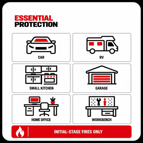 Essential protection icons for car, RV, small kitchen, garage, home office, and workbench from Lightweight Portable Abc Dry Chemical Fire Extinguisher Killer Multipurpose Safety Kit.