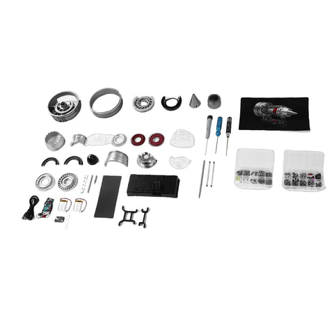 Parts layout of Aircraft Turbofan Engine Model Kit in Aluminum And Zinc Alloy 1 To 12 Scale Motor Driven For Adults Hands On STEM Learning