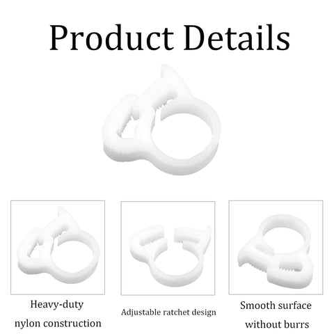 Thirty Pcs Double Gripping Nylon Hose Clamps Designed For Three Eighth Inch Tubing Range From Nine Point One To Nine Point Six Millimeter Snap Grip Plastic Clamps In White Heavy Duty Adjustable Ratcheting Clamps For Plumbing And Automotive Use.