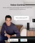Man using All In One WiFi Remote Hub With Sensor Cable And Mini Plug For IR And RF Control, compatible with Alexa and Google Home.