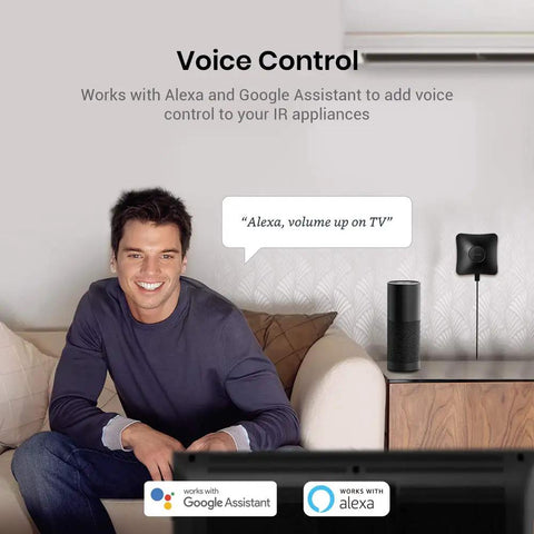 Man using All In One WiFi Remote Hub With Sensor Cable And Mini Plug For IR And RF Control, compatible with Alexa and Google Home.