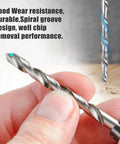 Rock Solid Heavy Duty High Speed Steel Twist Drill Bit Set 10 Piece Kit With Straight Shank Fits Dremel Rotary Tools close-up of drill bit showing spiral groove design.