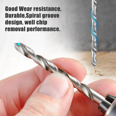 Rock Solid Heavy Duty High Speed Steel Twist Drill Bit Set 10 Piece Kit With Straight Shank Fits Dremel Rotary Tools close-up of drill bit showing spiral groove design.