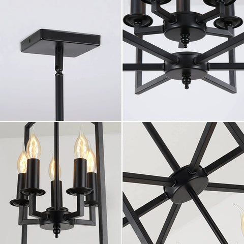 Industrial Rustic Pendant Light Chandelier With Five Lights, steel cage, black finish, E12 bulb sockets, adjustable height.