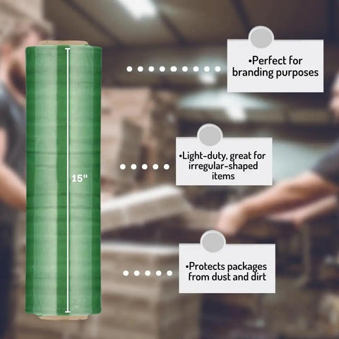 Heavy Duty Green Tint Pre Stretched Stretch Wrap Film 15 By 1476 Feet 30 Gauge 4 Roll Pack, showing 15 inch roll for protecting packages.