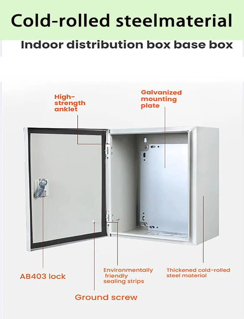 Stainless Steel Electrical Distribution Chest Weatherproof Enclosure with cold-rolled steel, open showing interior layout and features.
