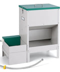 No Sweat Elevated Dog Feeding Station With Heavy Duty Metal Gravity Bowl And Six Liter Automatic Water Dispenser For Active Doggos Up To Fifty Pounds Always, gray and green metal design with storage.