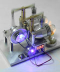 Top-Tier Stirling Engine Generator Model Set 3 Twin-Cylinder Brass And Aluminum Alloy Desktop Physics Demo Kit with illuminated flywheel.